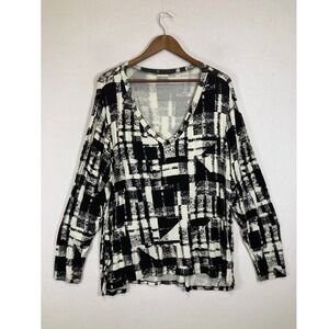 Abstract Graphic Cato Woman L/XL Black White V-Neck Long Sleeve Top Art To Wear
